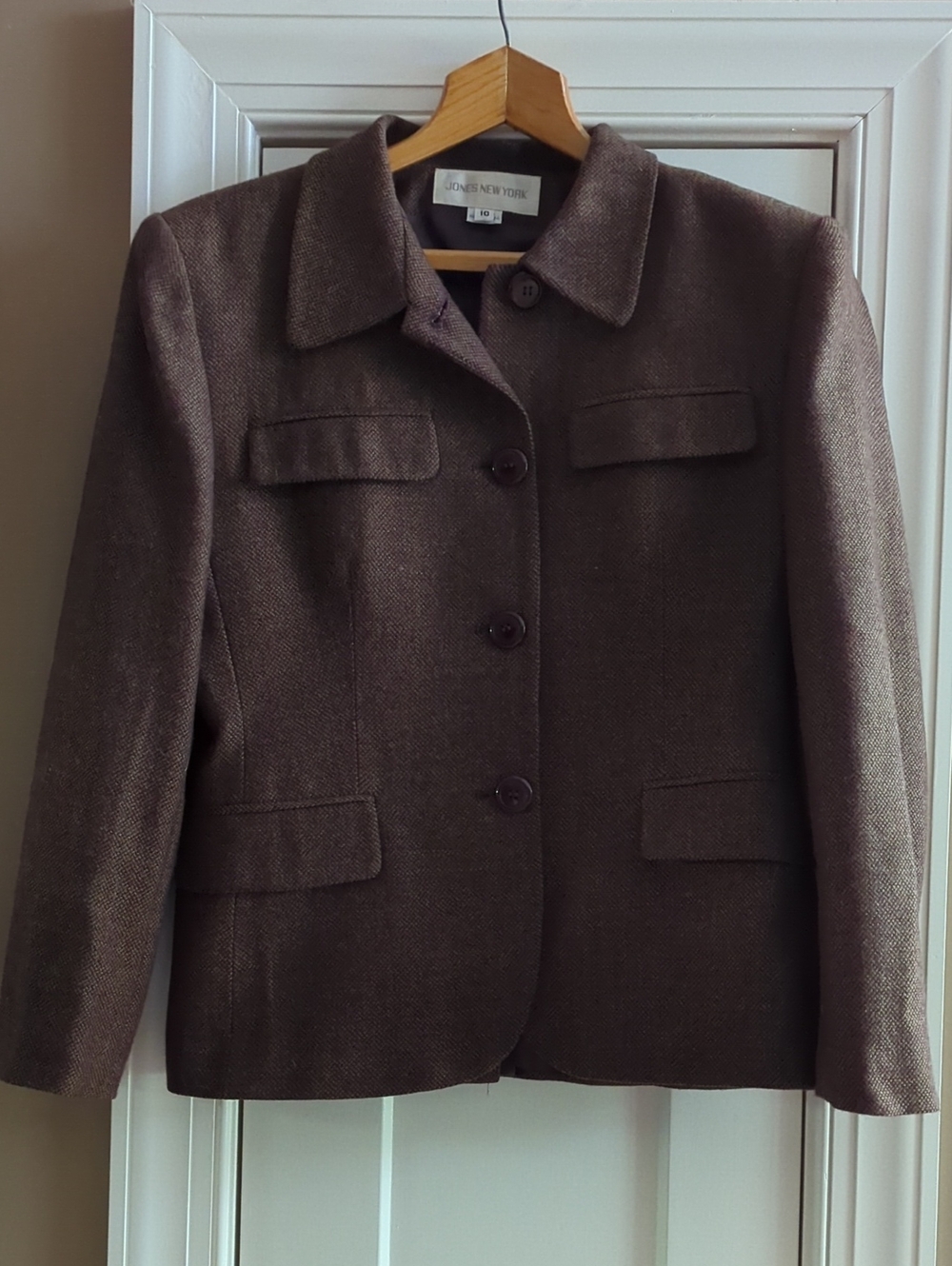 Jones New York Chocolate Brown Tweed Wool Button Front Jacket And Skirt